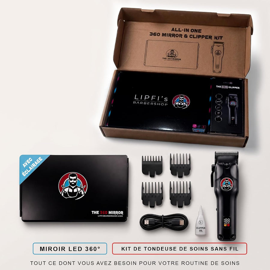 Kit : tondeuse miroir 360 LED 3 voies pour coiffeur Kit : miroir de barbier à trois voies + tondeuse professionnelle sans fil avec autonomie de 3 heures, 4 protections