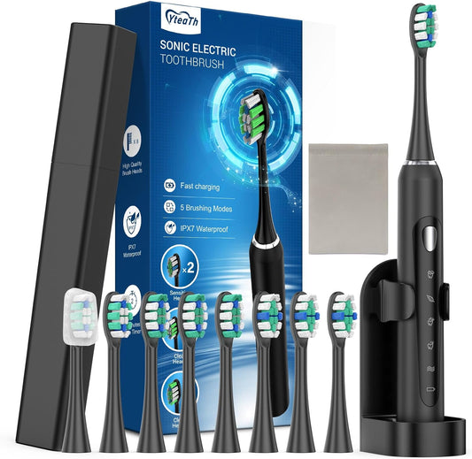 Brosse À Dents Électrique Rechargeable Avec 5 Modes de brossage 8 Tête de rechange NOIR