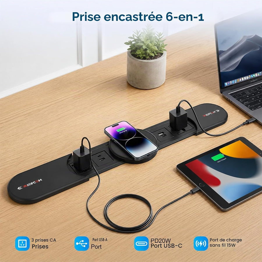 Prise Encastrable de Bureau avec Capot Coulissant Métallique Multiprise 6-en-1 avec Chargeur Sans Fil 15W Qi, 2 AC 2 USB-A 2 USB-C, 2500W, pour Bureau Cuisine