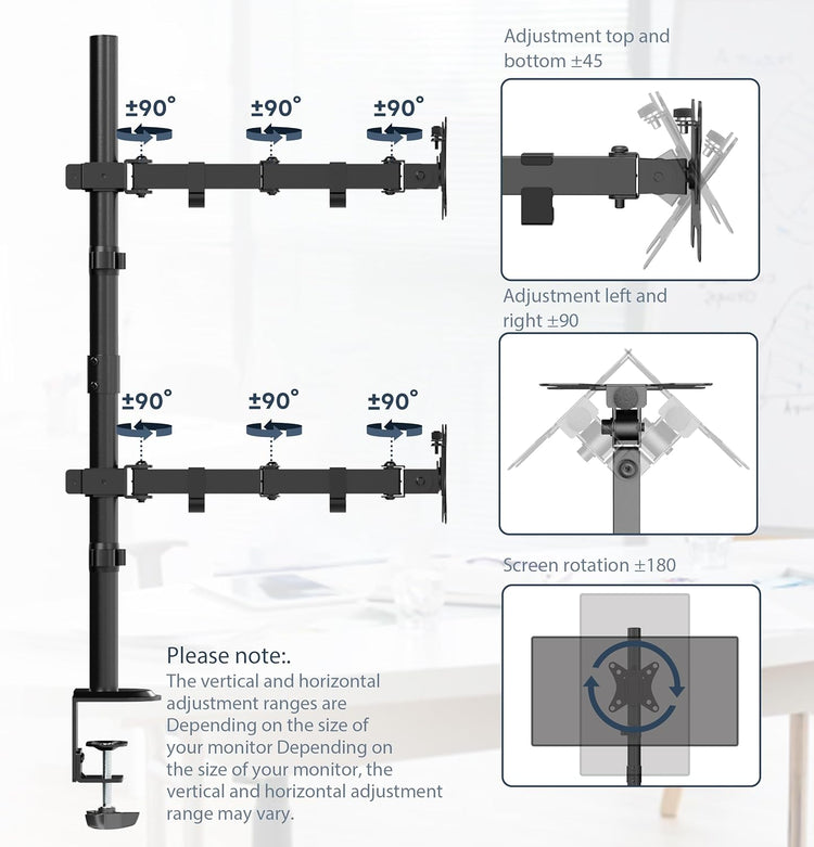 Support Double Ecran Vertical Deux Ecrans Jusqu'à 35" Réglable en Hauteur Pivot Inclinaison Rotation Pince en C