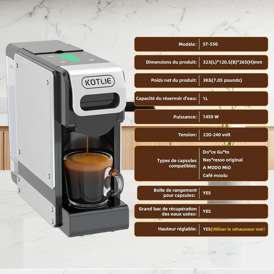 Machine à café à capsules, machine à café à capsules 4 en 1 pour Nes Original/D*G/A MODO MIO et café moulu, 7 niveaux de quantité d'eau