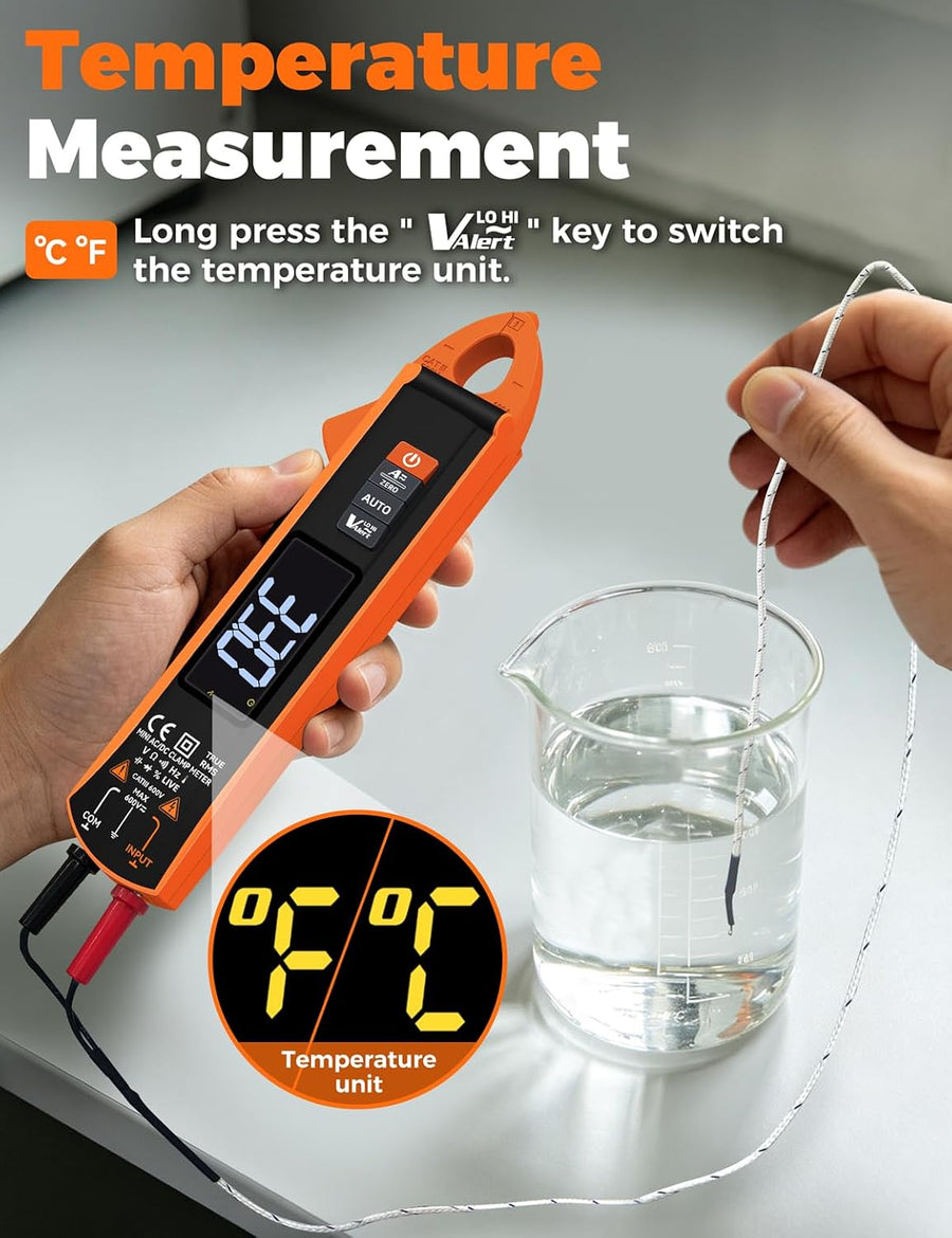 Pince multimètre , multimètre AC/DC 1mA/mV haute précision 6000 points, plage 100A/600V, détection NCV, résistance, capacité (nF/µF/mF), continuité et mode auto