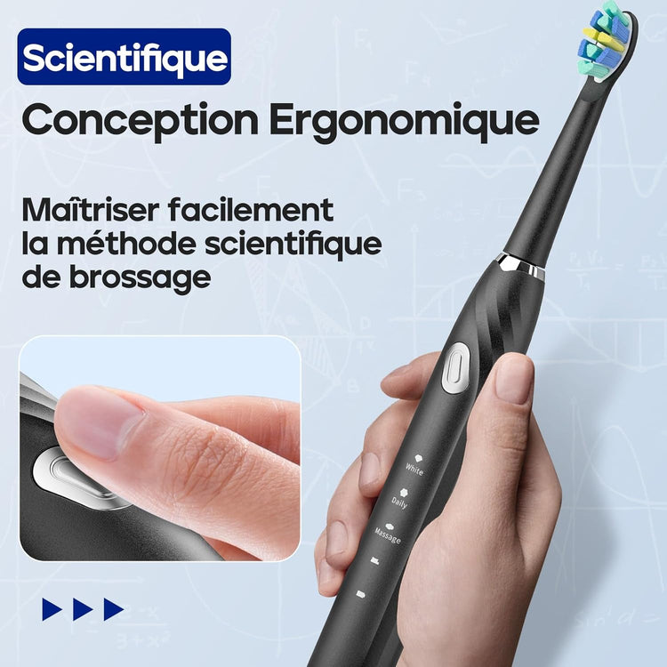 Brosse À Dents Électrique Rechargeable Avec 3 Modes de Brossage 10 Tête de Rechange NOIR