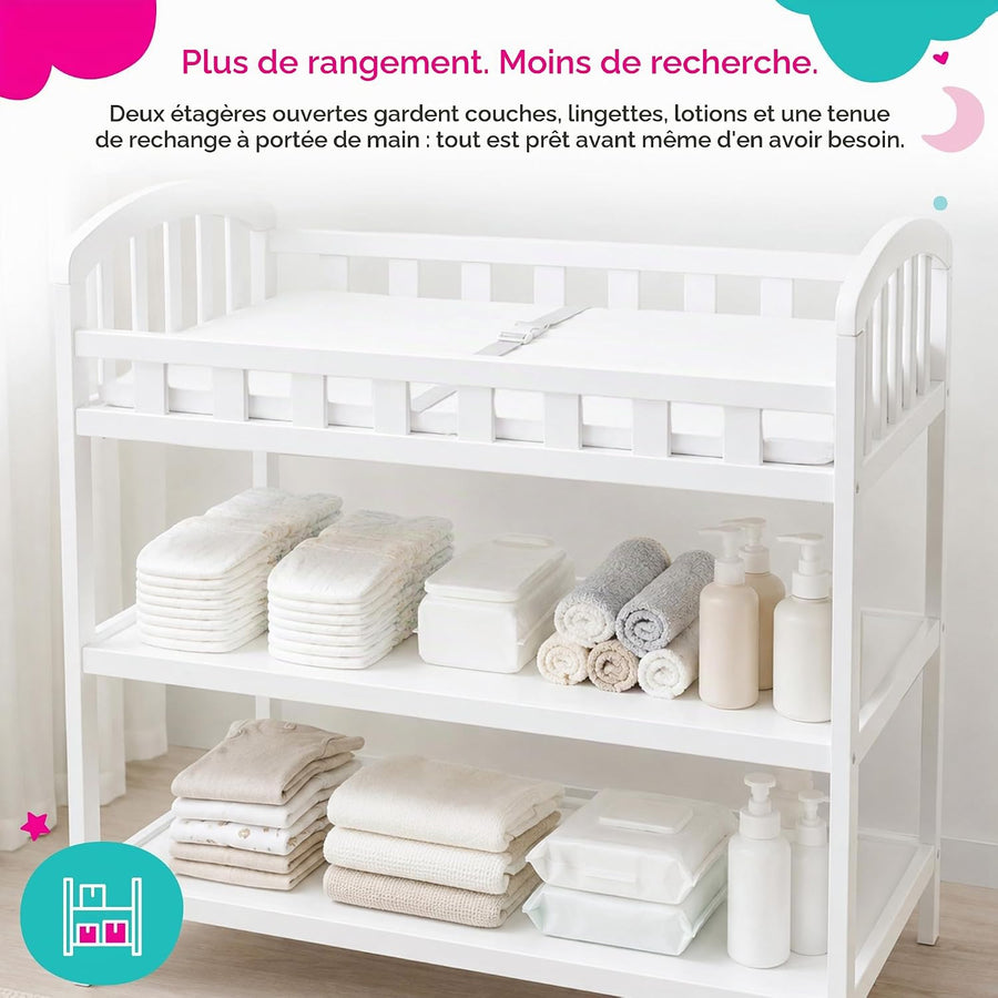 Table à Langer Bébé avec Matelas et Sangle de Sécurité Meuble a Langer avec 2 Étagères Bords Surélevés sur 4 Côtés Nouveau-né jusqu'à 12 Mois