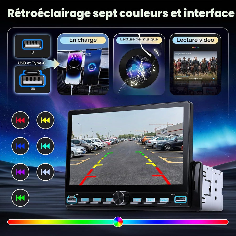 Ecran Carplay sans Fil Autoradio 1Din avec Android Auto, Écran Tactile 7 Pouces Poste Radio Voiture 1 Din Bluetooth, Lien Miroir, FM Type-C/USB/AUX, MP5 Lecteur Vidéo en Ligne avec Caméra Recul