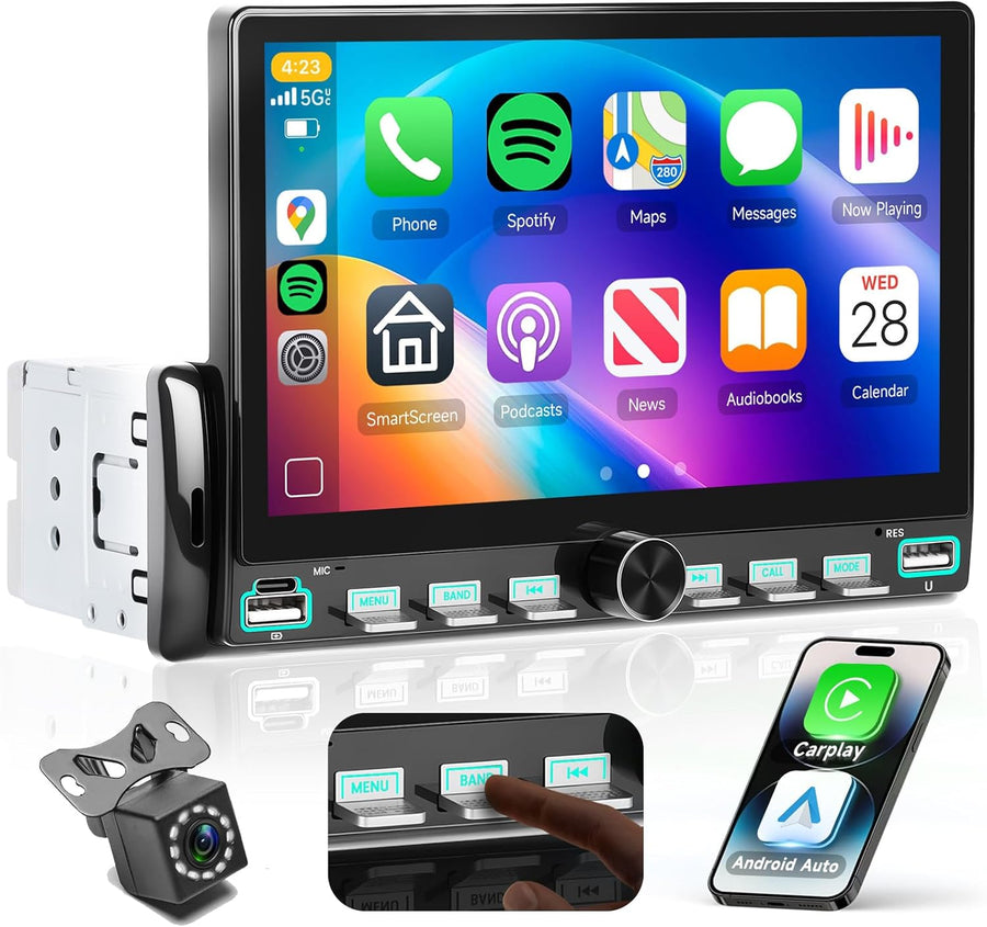 Autoradio 7" 1 Din avec carplay sans Fil Android Auto,Radio FM avec Blurtooth, système de Navigation,2 USB/SD/AUX,avec Touches Piano,vidéo en Ligne,Lien Miroir, avec caméra de recul