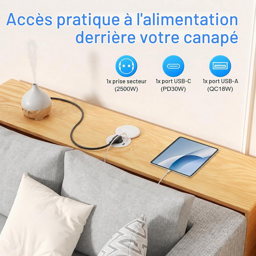 Prise encastrable Plan de Travail avec Charge Qi15 W, USB-C PD 30W, Ø80 mm Multiprise encastrable avec 1 prise, USB-A QC 18 W, couvercle rotatif anti-poussière, câble 2 m, bureau et cuisine, blanc