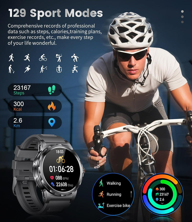 Montre Connectée Bluetooth Ecran 1,43 Pouces Montre Intelligente Etanche IP67 Sportif NOIR