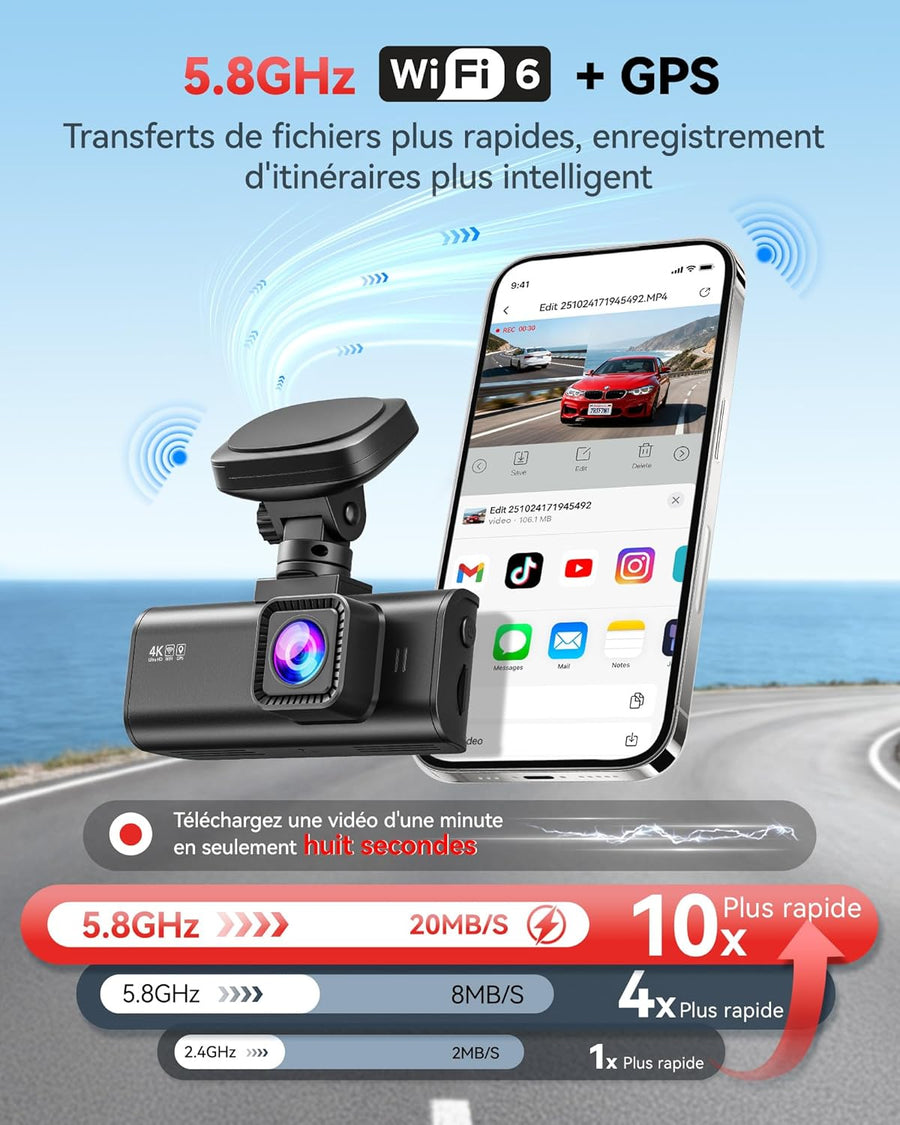 REDTIGER F7N 4K+1080P Dashcam Voiture Avant et arrière,Caméra Embarquée avec WiFi et GPS Intégrés pour Voitures,Carte SD 64G,Vision Nocturne,Mode Stationnement 24H