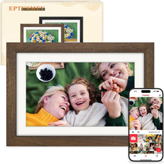 Cadre Photo Numérique WiFi 10.1 Pouces Noyer Bois Mémoire 32 Go, Écran Tactile HD IPS 1280 x 800, Auto-Rotation, Partage de Photos Vidéos Via Frameo APP/USB/SD