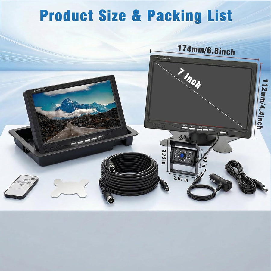 Caméra de Recul pour Voiture avec Moniteur LCD 7 Pouces,Camera de Recul IR Vision de Nuit étanche IP68 avec 20M Câble Caméra de Recul Kit pour Camping Car/Camion/Remorques/RV/Agricole/Motorhome,12-24V