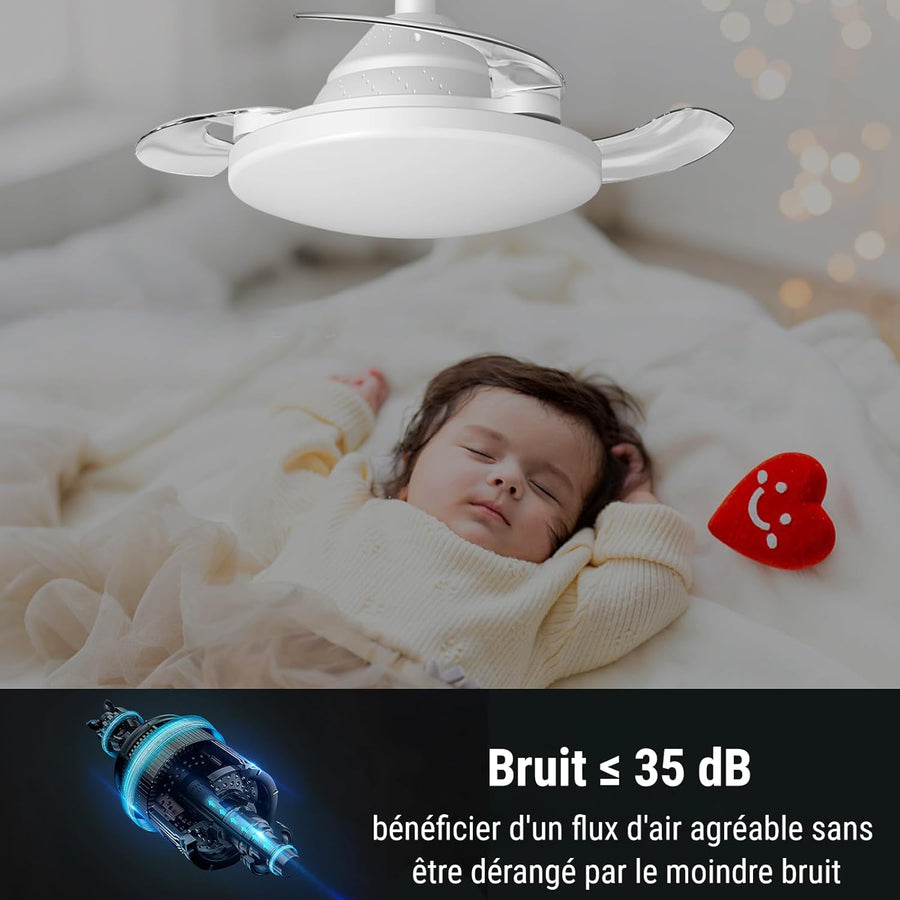 Ventilateur Plafond avec Lumière Pales Rétractable Télécommande 3 Niveaux Luminosité 3 Vitesse Eclairage 57cm Lampe Silencieux BLANC