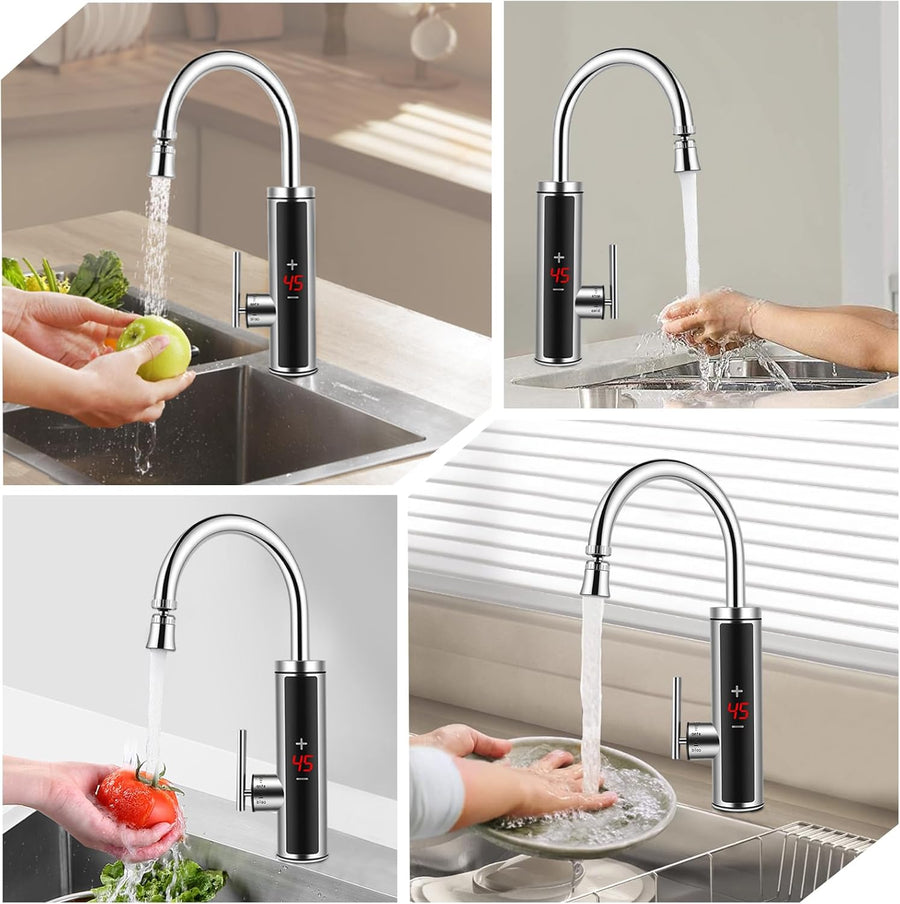 Robinet Électrique avec Chauffe-eau Instantané, 3600W Robinet Chauffant en Acier Inoxydable, Сhauffe-Eau de Cuisine Avec Col Flexible et Affichage de la Température, pour Cuisine, Salle de Bain