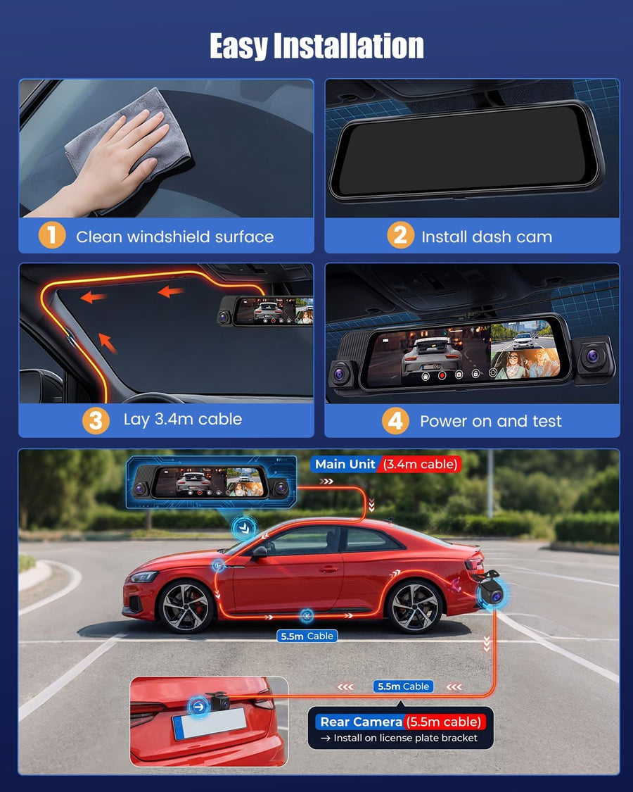Dashcam Rétroviseur 4 Canaux 1080P, IPS Tactile 9,7 Pouces Trois Vues 720P, WiFi, Streaming, Aide au Recul, Enregistrement en Boucle et Carte 64 Go pour Conduite Quotidienne