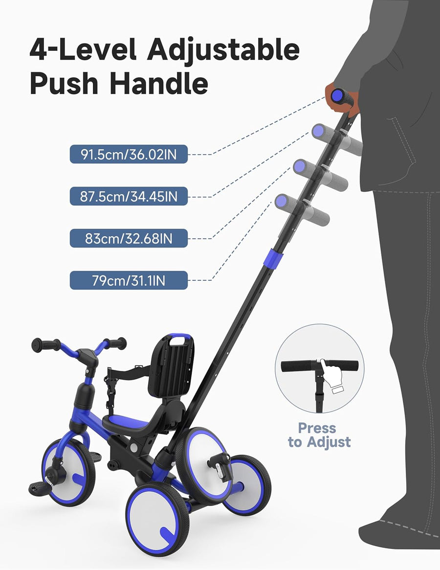 Tricycle pour Tout-Petits de 1 à 3 Ans, avec Roue de Secours, Tricycle Multifonctionnel pour Enfants avec Barre de poussée, Dossier et Ceinture de sécurité