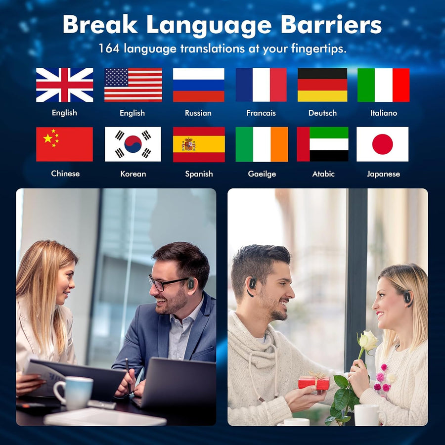 Casque audio avec traduction IA, 164 langues avec application, casque audio avec traduction vocale en temps réel, écouteurs audio pour iOS et Android, voyage et affaires