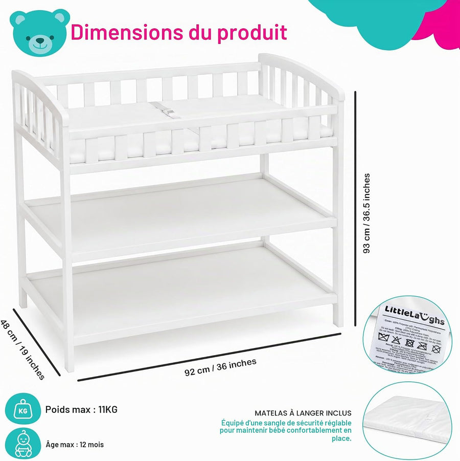 Table à Langer Bébé avec Matelas et Sangle de Sécurité Meuble a Langer avec 2 Étagères Bords Surélevés sur 4 Côtés Nouveau-né jusqu'à 12 Mois