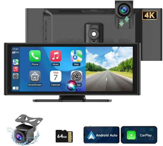 Ecran Carplay Auto 9.3" 1080P Caméra de Recul Dashcam Stéréo de Voiture IPS Écran Tactile avec Navigation, Assistant Vocal, Bluetooth, FM