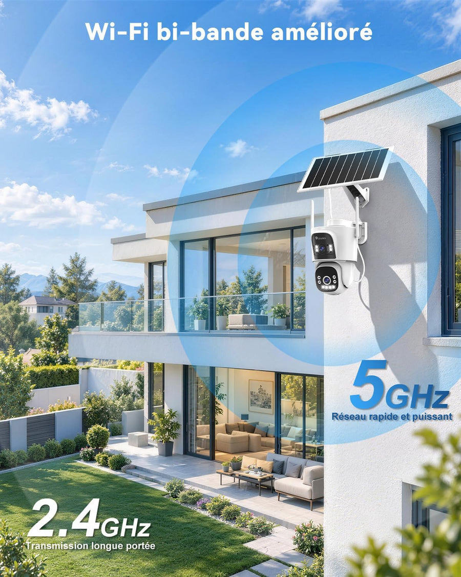 Camera Surveillance Solaire AOV Double Objectif,WiFi Extérieure 3MP+3MP Enregistrement 24/7, 8W & 15600mAh, 30m Détection Humaine Suivi Auto, Vision Nocturne, PTZ 355° IP66