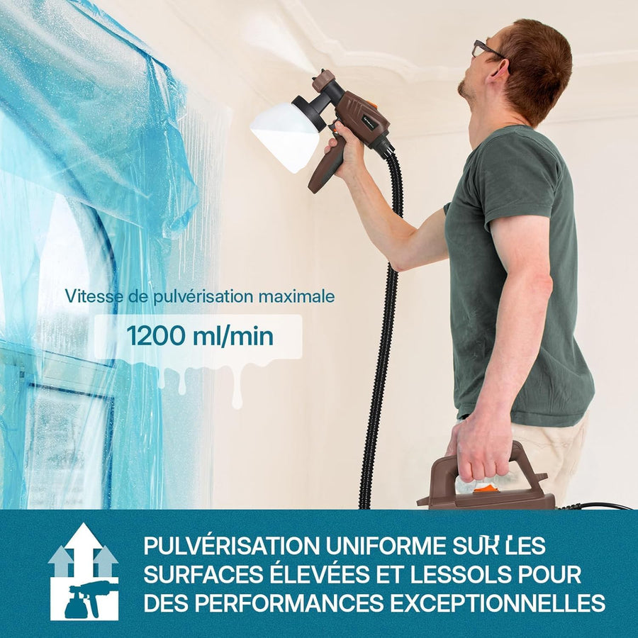 Pistolet à Peinture, 800W 1300ML Pistolet Peinture avec Récipient Amovible, 3 Buses et 3 Modes, Facile à Pulvériser et Nettoyer, Idéal pour Maison, Clôtures, Plafonds
