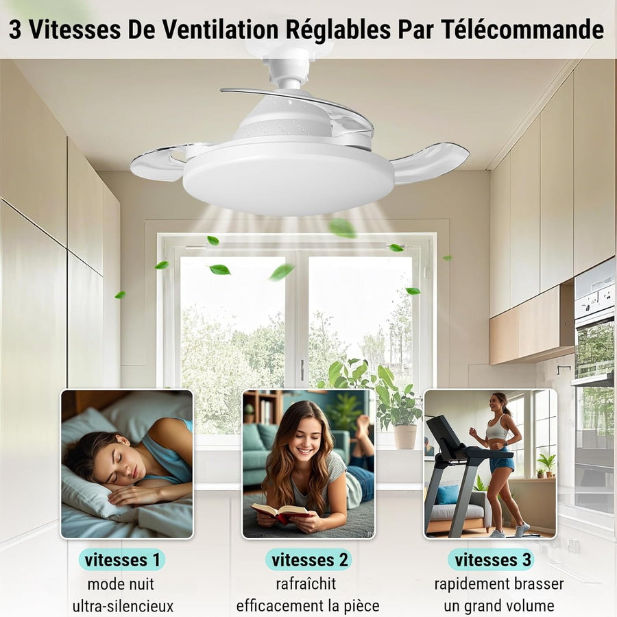 Ventilateur Plafond avec Lumière Pales Rétractable Télécommande 3 Niveaux Luminosité 3 Vitesse Eclairage 57cm Lampe Silencieux BLANC