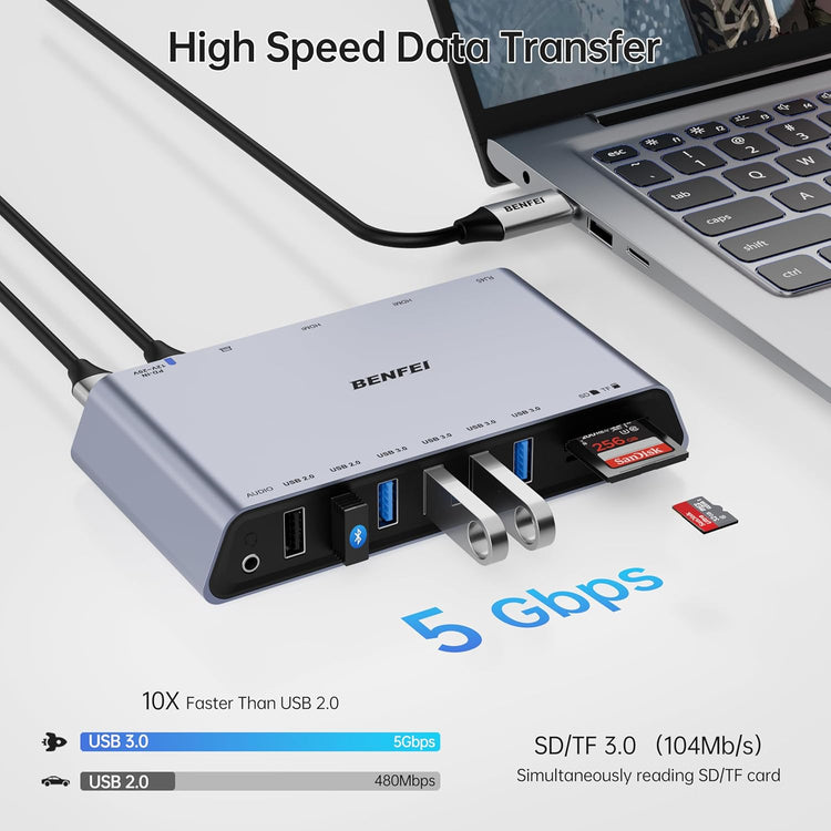 Station Accueil USB 3.0 12en1 DisplayLink Double Ecran HDMI 6 Ports USB Lecteur Carte SD/TF Réseau Ethernet Gigabit Prise Casque 3,5mm Compatible Windows et Mac