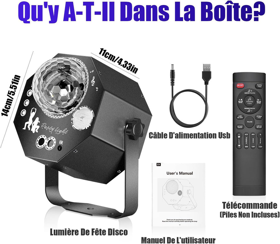 Jeux de Lumiere 4en1 pour Soiree avec Boule Disco, LED RGB Jeu de Lumiere Soiree DJ, Commande Vocale Stroboscope lumiere pour Fêtes Familiales, Boîtes De Nuit, Halloween, Noël