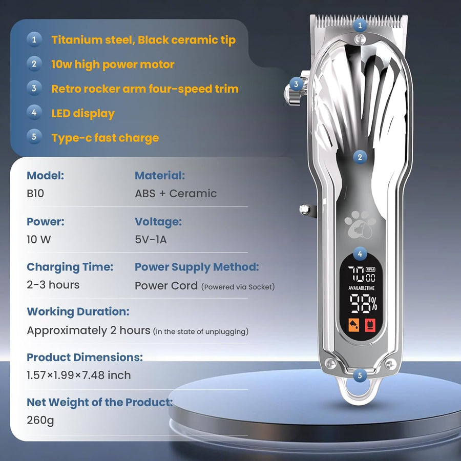 Tondeuse professionnelle pour poils épais, sans fil, écran LED à faible bruit, rechargeable avec kits de toilettage