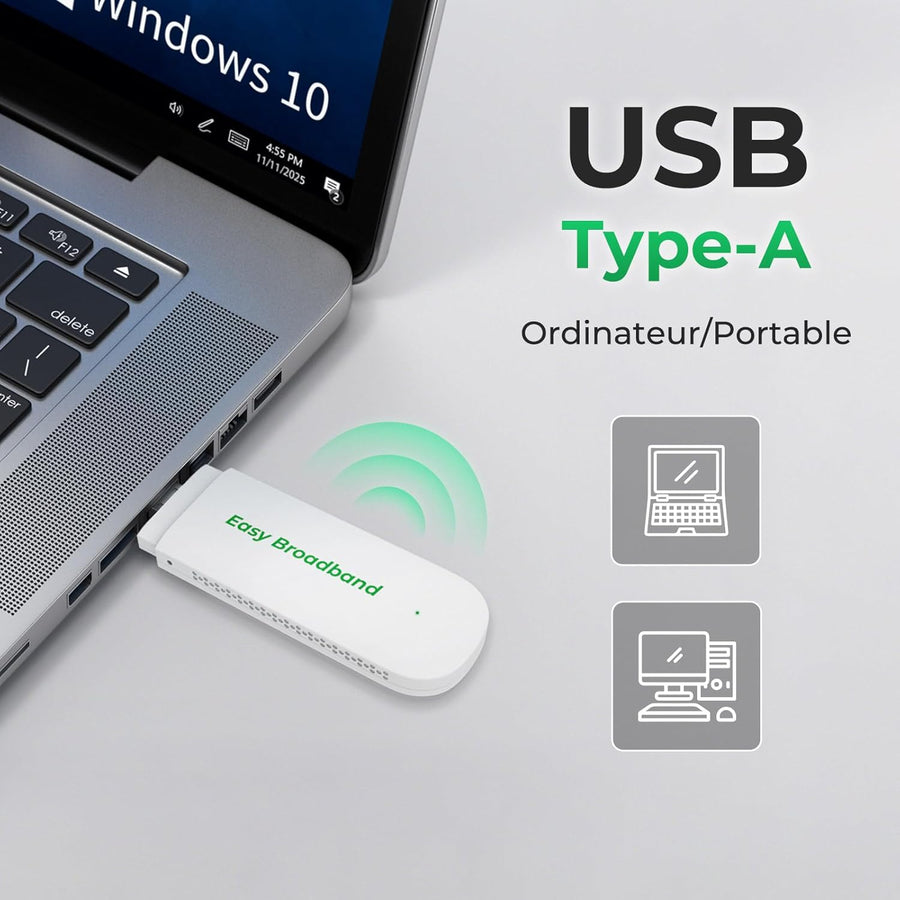 Internet mobile 4G LTE Clé de surf avec WiFi 6, 150 Mbit/s, dongle USB WLAN Hotspot pour ordinateur portable/PC, Plug & Play, SIM préinstallée