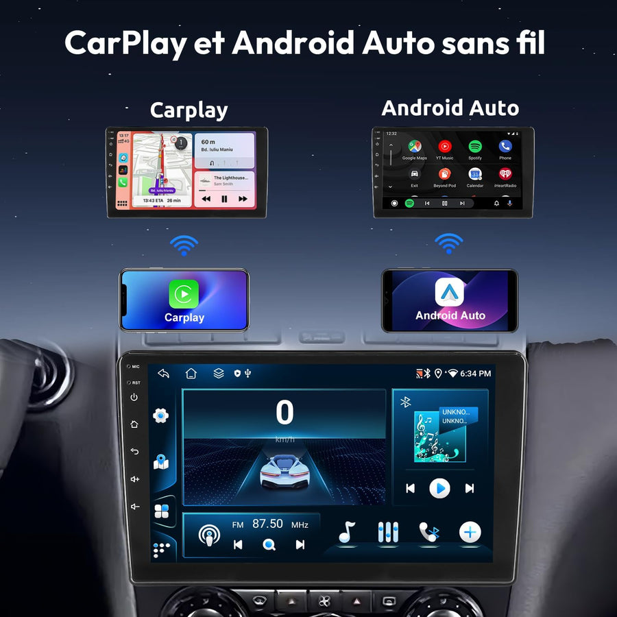 Autoradio 2 DIN (17.8x10cm), Android 15, Écran IPS 10 Pouces, 4Go+64Go Car Stereo avec Apple CarPlay & Android Auto sans Fil, 25 Thèmes UI, Bluetooth, Radio FM/RDS, Universel