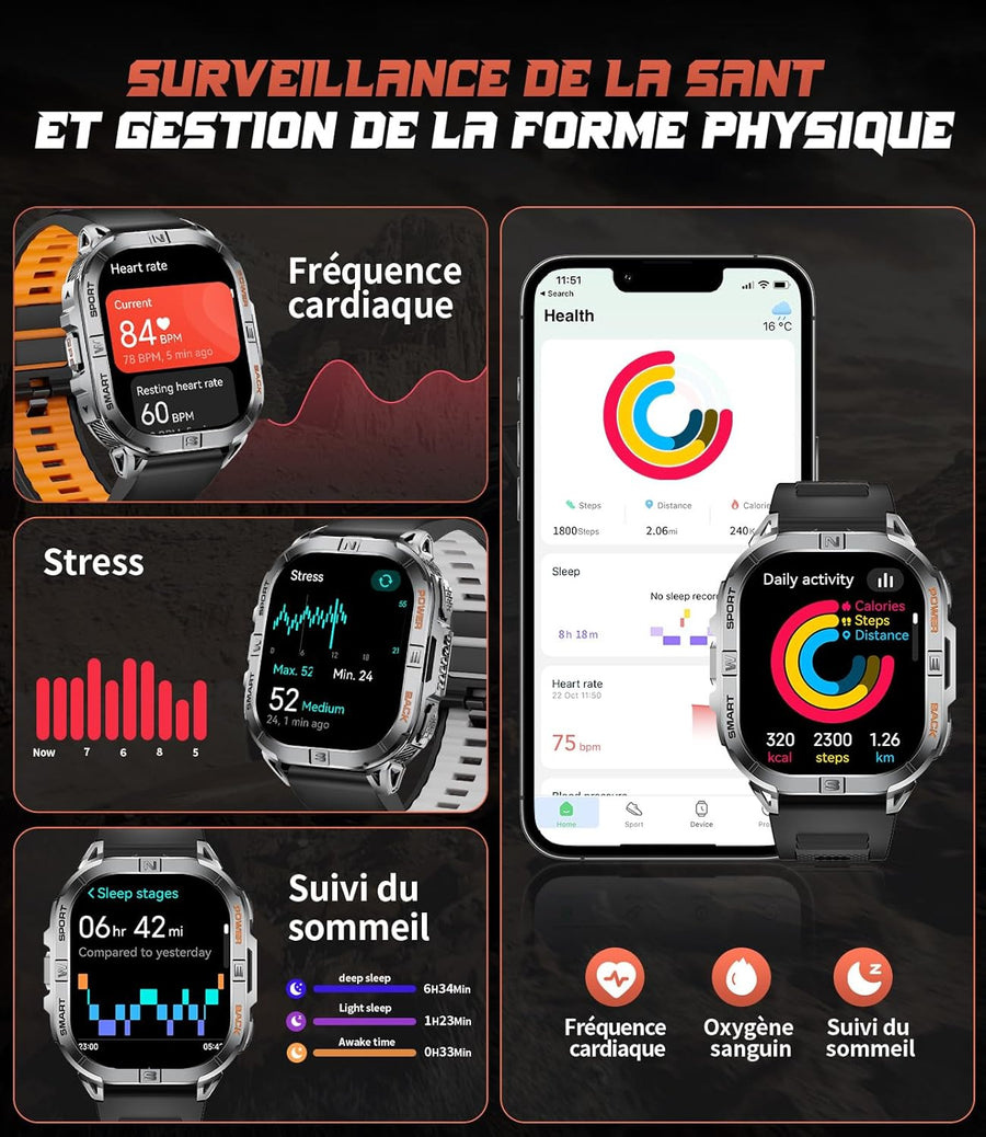 Montre Connectée Homme avec Boussole: 2.13" Smartwatch Baromètre Altimètre Appel Bluetooth 600mAh Batterie Fréquence Cardiaque SpO2 Sommeil 120+ Mode Sport Étanche Fitness Tracker pour Android iOS