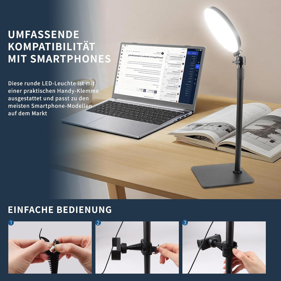 Lumière vidéo LED avec support pour téléphone portable, lampe vidéo avec 3 modes de couleur et 5 niveaux de luminosité, lumière clé alimentée par USB pour vidéoconférences