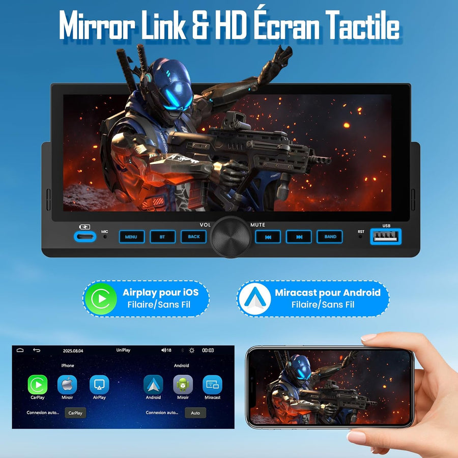 Autoradio 1 DIN, CarPlay Voiture & Android Auto sans Fil, Poste Radio Bluetooth Main Libre, Écran Tactile, Navigation GPS, Contrôle Vocal, AUX/FM, MirrorLink, USB Type-C (6,86")