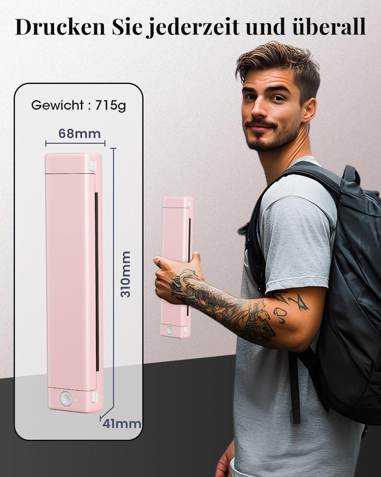 Imprimante Portable Bluetooth A4-300 DPI Prise en Charge du Papier Tatouage Bluetooth Compatible Android iOS Batterie 1200mAh ROSE