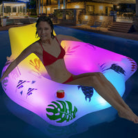 Bouée Gonflable Piscine avec Lumière Changeante, Bouée Géante Piscine Énergie Solaire pour Adultes avec Porte-Boissons et Poignées