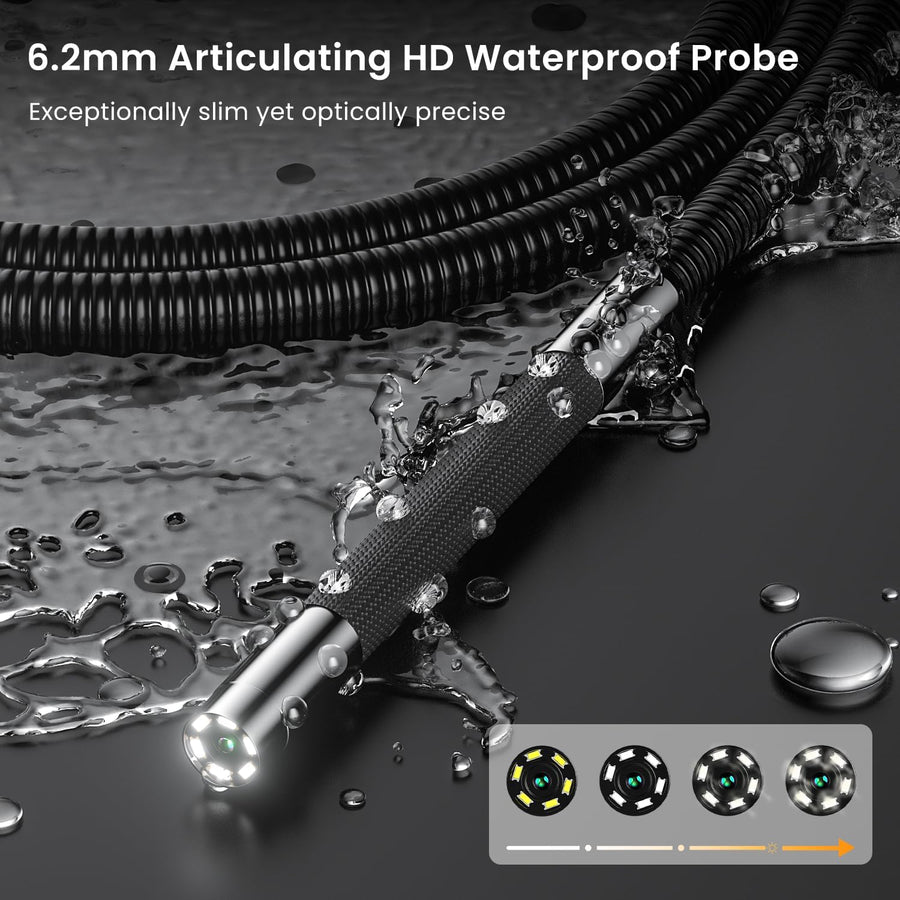 Caméra Endoscopique Articulée 210° Rotation Bidirectionnelle, Endoscope Industriel avec Lumière, Sonde 6.2mm, Tube Auto-Réinitialisable 1.5m, Écran IPS 5" Caméra d'Inspection