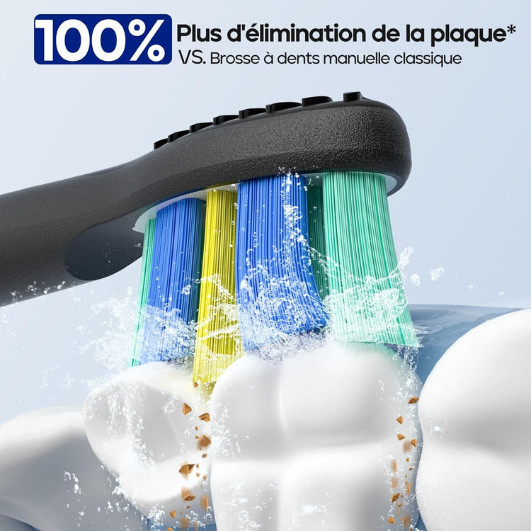 Brosse À Dents Électrique Rechargeable Avec 3 Modes de Brossage 10 Tête de Rechange NOIR