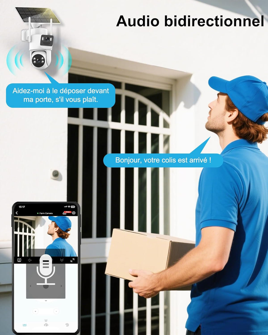 Camera Surveillance WiFi Exterieure sans Fil,à double objectif/Camera Solaire/Batterie,2.4/5G WIFI,360° PTZ Sécurité à Domicile,Vision Vocturne,Alarme,Audio Bidirectionnel,Suivi Automatique,IP66