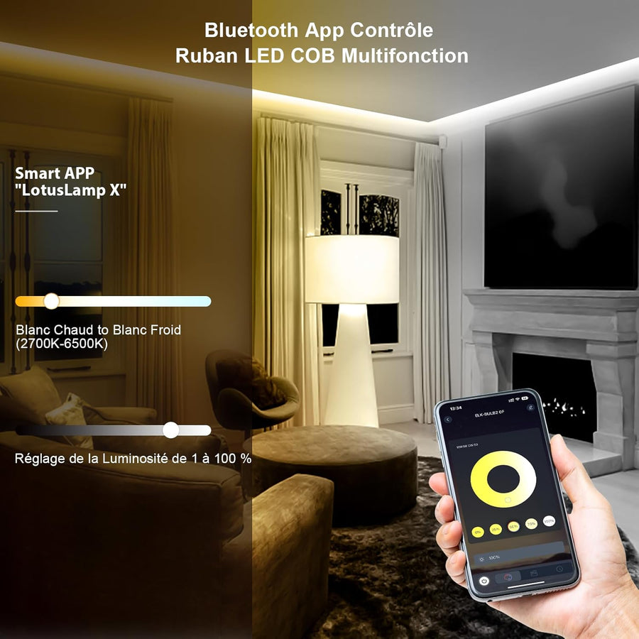 Ruban LED COB 10M, App Control, Bande LED Blanc Chaud Froid 2700K-6500K avec Telecommande et Alimentation, Bande LED 24V Dimmable, 620LEDs/M, CRI>92, Largeur 8mm