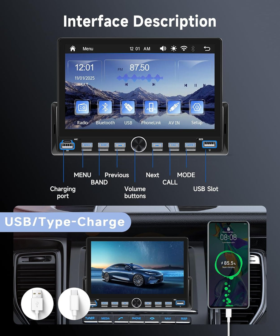 Autoradio 1 Din Touches de Piano avec Carplay Android Auto sans Fil, 7 Pouces IPS HD Écran Tactile Poste Radio Voiture Soutien Bluetooth Radio FM EQ USB/Type-C Mirror Link SWC Caméra de Recul