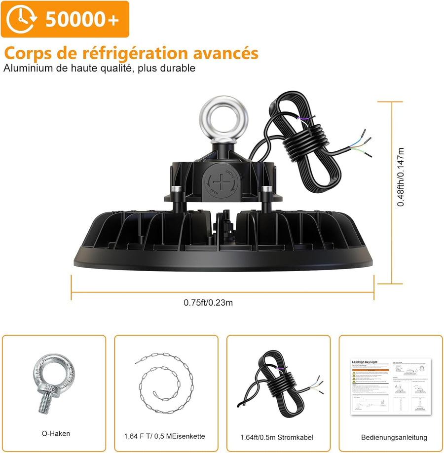 Projecteur LED UFO 150W Garage Atelier 22500LM Éclairage pour Atelier 4000K 120°Éclairage IP65 Lampe Industrielle Dimmable 90W/120W/150W Usines Entrepôts de Construction Garage