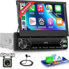 Autoradio Carplay Android Auto sans Fil avec écran rétractable électriquement de 7 Pouces,Radio FM 1 DIN avec Bluetooth, Mirror Link,2 USB/Type-C/SD avec caméra de recul/Commande au Volant
