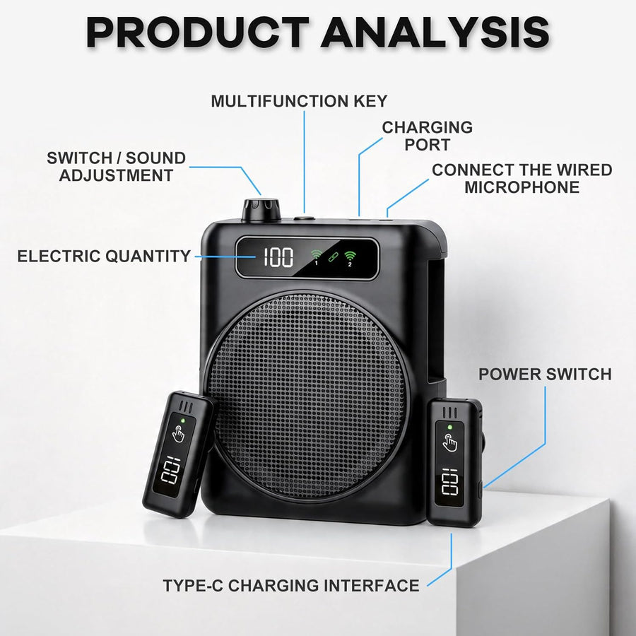 Amplificateur de Voix sans Fil, Portable amplificateur de Voix, Mini amplificateur Vocal avec 2 Microphones à Revers, Amplificateur Vocal
