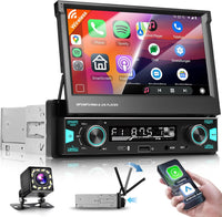 Autoradio 1 DIN Carplay Android Auto sans Fil avec écran 7 Pouces Extensible manuellement,Radio 1 DIN AM/FM/RDS avec Bluetooth GPS/Navi,Mirror Link,avec caméra de recul,Commandes au Volant