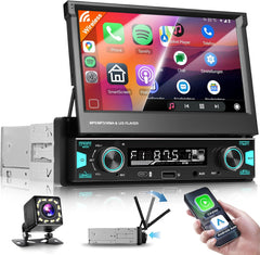 Autoradio 1 DIN Carplay Android Auto sans Fil avec écran 7 Pouces Extensible manuellement,Radio 1 DIN AM/FM/RDS avec Bluetooth GPS/Navi,Mirror Link,avec caméra de recul,Commandes au Volant
