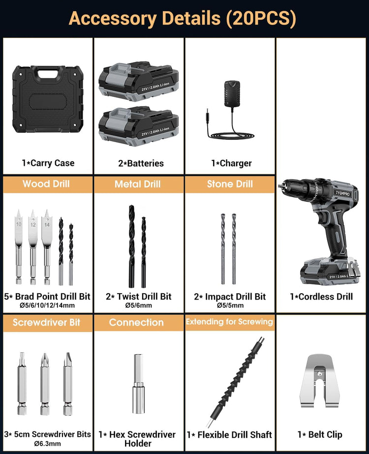 Perceuse Visseuse Dévisseuse Sans Fil 21V 2 Batteries 2.0Ah 42Nm Percussion 25+3 Réglages Couple 14 Accessoires 2 Vitesses LED