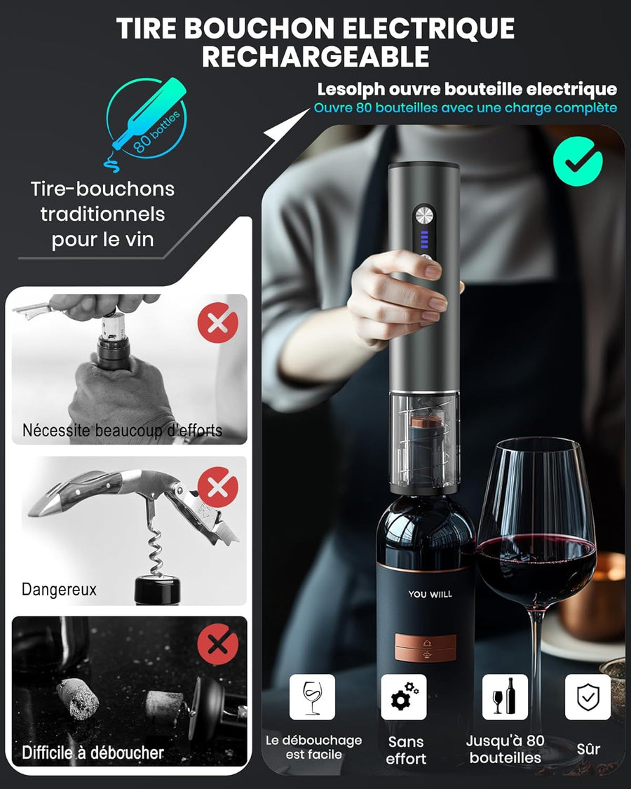 Tire bouchon electrique rechargeable inox, ouvre bouteille electrique idee cadeau anniversaire homme femme avec bec verseur aérateur, 2 bouchon vin vide air, coupe-fil et câble chargement USB