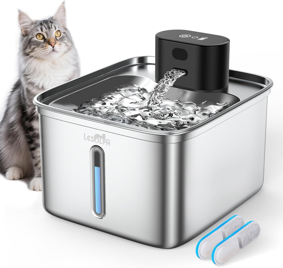 Fontaine a Eau Chat sans Fil 3,5L INOX avec Detecteur de Mouvement, avec 5000mAh Rechargeable Batterie et Technologie Exclusive sans Pompe, avec 2 Filtres