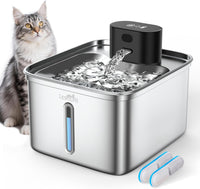 Fontaine a Eau Chat sans Fil 3,5L INOX avec Detecteur de Mouvement, avec 5000mAh Rechargeable Batterie et Technologie Exclusive sans Pompe, avec 2 Filtres