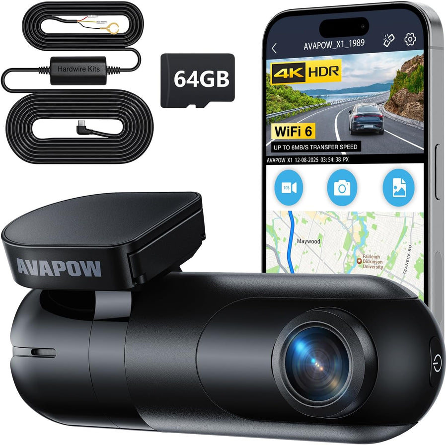 Caméra de Voiture Avant WiFi 6 Contrôle Via Application 2160P Capteur G Intégré Enregistrement en Boucle Vision Nocturne Mode Parking 24H WDR Dash Cam 64GB Incluse
